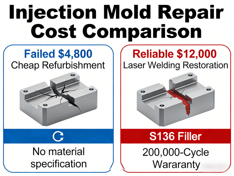 Injection mold repair cost comparison showing a failed $4,800 cheap refurbishment versus a reliable $12,000 laser welding restoration with S136 filler and 200,000-cycle warranty