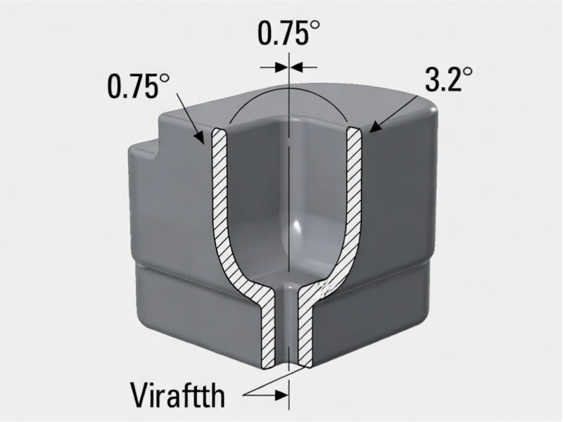 Diagram showing 0.75℃draft angle taper on vertical walls of an injection molded medical device part to prevent surface scratches and sticking during the manufacturing process. Diagram showing 0.75℃draft angle taper on vertical walls of an injection molded medical device part to prevent surface scratches and sticking during the manufacturing process.